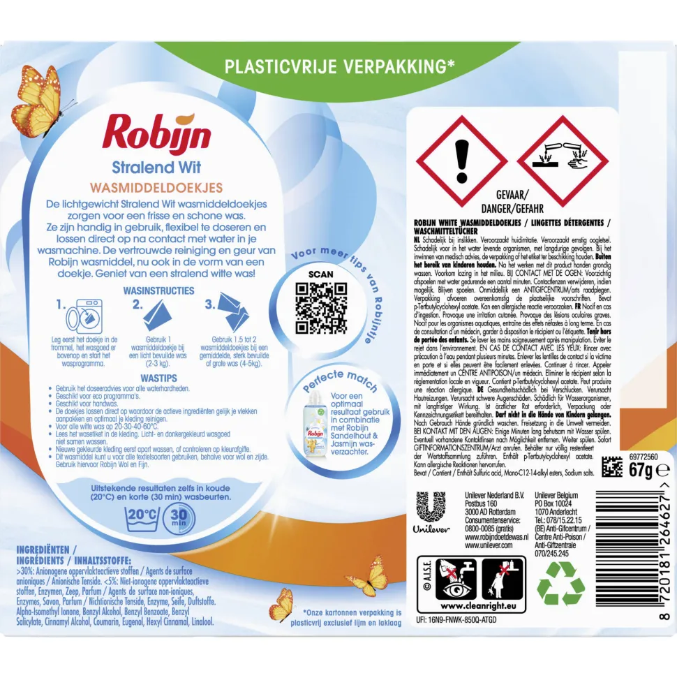 Robijn Classics Stralend Wit Wasmiddeldoekjes - 4 X 16 Wasstrips - Voordeelverpakking - 64 Wasbeurten